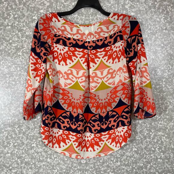 Sabine Coral & Blue Boho Printed 3/4 Sleeve Chiffon Top - Size XS - Scoop Neck - Picture 7 of 7